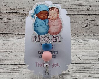 NICU Nurse Badge Reel – “Raising Tiny Humans, Growing Miracles” | Pink & Blue Twins Design