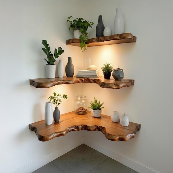 Live edge floating corner shelf solid wood bookshelf wall mount hanging shelves art display shelf decor for home