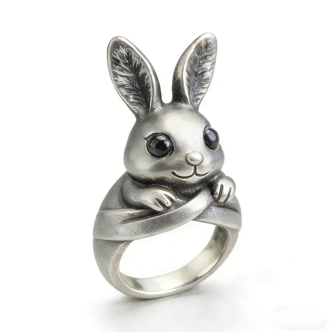 3D Bunny Rabbit Ring, 925 Sterling Silver, Natural Black Onyx Eyes ...