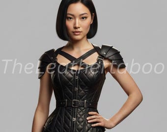 Quilted Black Leather Corset | Gothic Shoulder Armor, Cosplay Costume