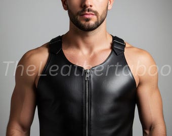 Gilet da uomo in pelle nera con cerniera • Top con fibbia fatto a mano sulle spalle