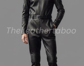 Men’s Black Leather Biker Jumpsuit – Quilted Slim Fit Moto Catsuit