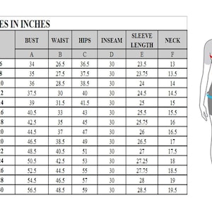 May include: A size chart titled "WOMEN SIZES IN INCHES" with measurements for bust, waist, hips, inseam, sleeve length, and neck. A diagram of a woman illustrates where to measure. Sizes range from 6 to 30.