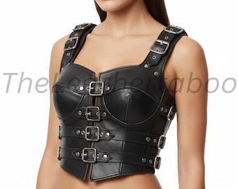 Black Leather Buckle Corset Top – Gothic Steampunk Bustier Harness