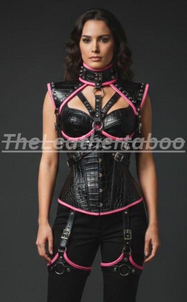 Black Leather Harness Set with Pink Trim, Gothic Body Harness, Adjustable BDSM Lingerie, Fetish Cage Bra Harness, Statement Clubwear image 2