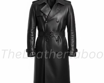 Men's Genuine Leather Black Trench Coat | Double Breasted Overcoat with Belt