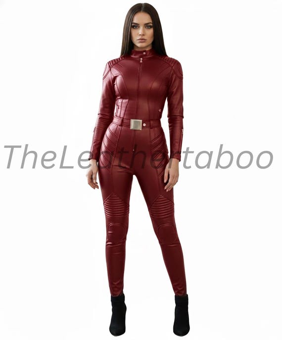 Red Leather Jumpsuit | Moto Catsuit, Slim Fit Biker Bodysuit
