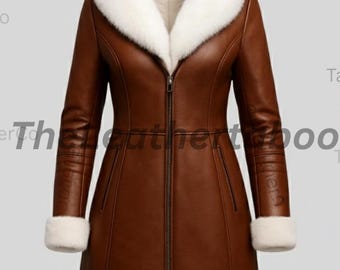 Abrigo marrón de cuero auténtico con capucha de piel blanca / Chaqueta de invierno para mujer