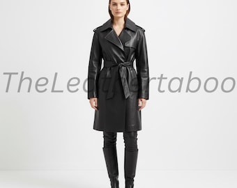 Damen Schwarz Leder Trenchcoat | Zweireihige Jacke mit Gürtel