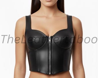 Black Leather Zip Front Corset Top | Gothic Clubwear Bustier