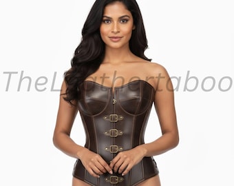 Brown Leather Corset Top – Vintage Gothic Buckle Bustier, Cosplay Costume