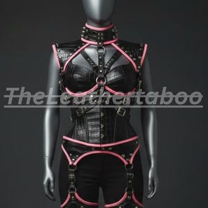 Black Leather Harness Set with Pink Trim, Gothic Body Harness, Adjustable BDSM Lingerie, Fetish Cage Bra Harness, Statement Clubwear image 4
