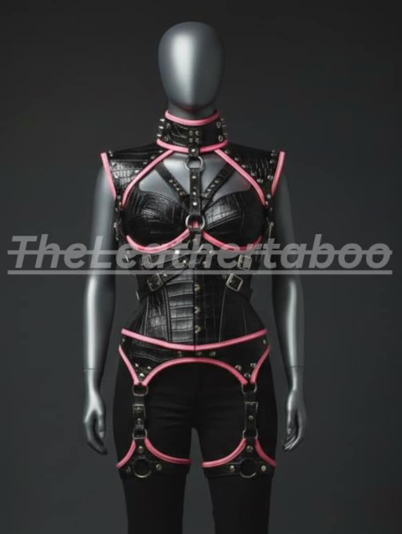 Black Leather Harness Set with Pink Trim, Gothic Body Harness, Adjustable BDSM Lingerie, Fetish Cage Bra Harness, Statement Clubwear image 4