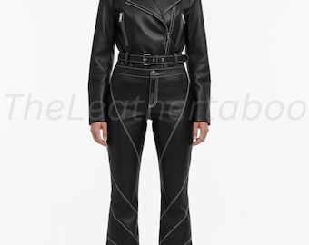 Real Leather Black Biker Jacket & Flared Pants Set - Contrast Stitch
