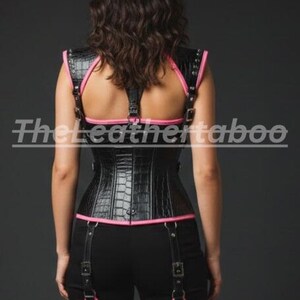 Black Leather Harness Set with Pink Trim, Gothic Body Harness, Adjustable BDSM Lingerie, Fetish Cage Bra Harness, Statement Clubwear image 3