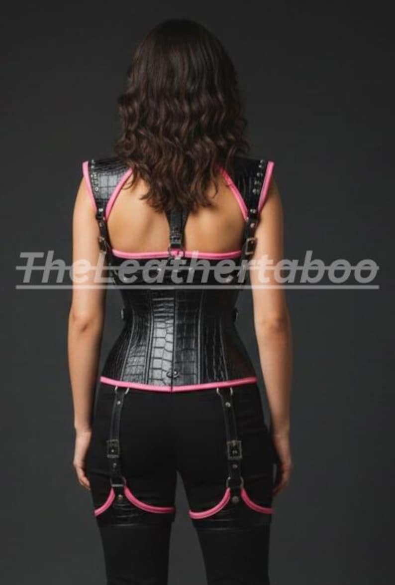 Black Leather Harness Set with Pink Trim, Gothic Body Harness, Adjustable BDSM Lingerie, Fetish Cage Bra Harness, Statement Clubwear image 3