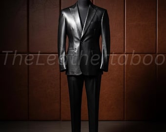 Men's Handmade Black Leather Suit | Custom Tailored Blazer & Pants