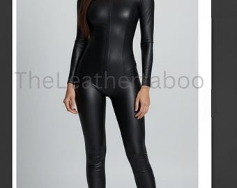 Zwarte catsuit van echt leer | Damesjumpsuit met rits aan de voorkant