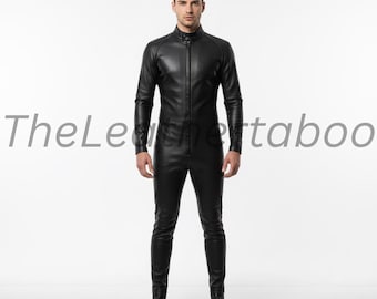 Men's Black Leather Catsuit | Fitted Biker Style, Custom Size
