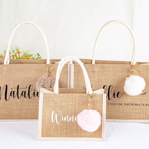 Personalized Burlap Tote Bag with Charm | Bridesmaid Gift | Wedding Gift for Her