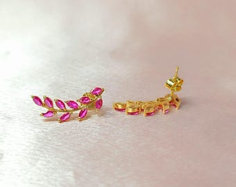 1.20 Ct Marquise Cut Simulated Ruby Women’s Climber Stud Earrings, 14K Yellow Gold Plated, Classic CZ Studs