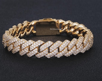 14K Yellow Gold Plated Simulated Diamond Cuban Link Bracelet for Men