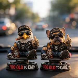 May include: Two novelty bobbleheads, one an eagle and the other a bulldog, both wearing sunglasses and biker jackets. Each holds a bottle and a cigar, with the text "BAD TO THE BONE" on their caps and "TOO OLD TO CARE" on the base.