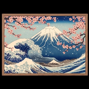 以下が含まれることがあります： 日本の古典的な木版画の額入りプリント。このアートワークは、雪をかぶった山、大きな波、桜を描いています。カラーパレットには、青、白、ピンクの色合いが含まれています。