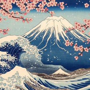 May include: A Japanese-style print featuring Mount Fuji with a snow-capped peak, a large ocean wave, and cherry blossoms. The artwork uses shades of blue, white, and pink to create a serene landscape scene.