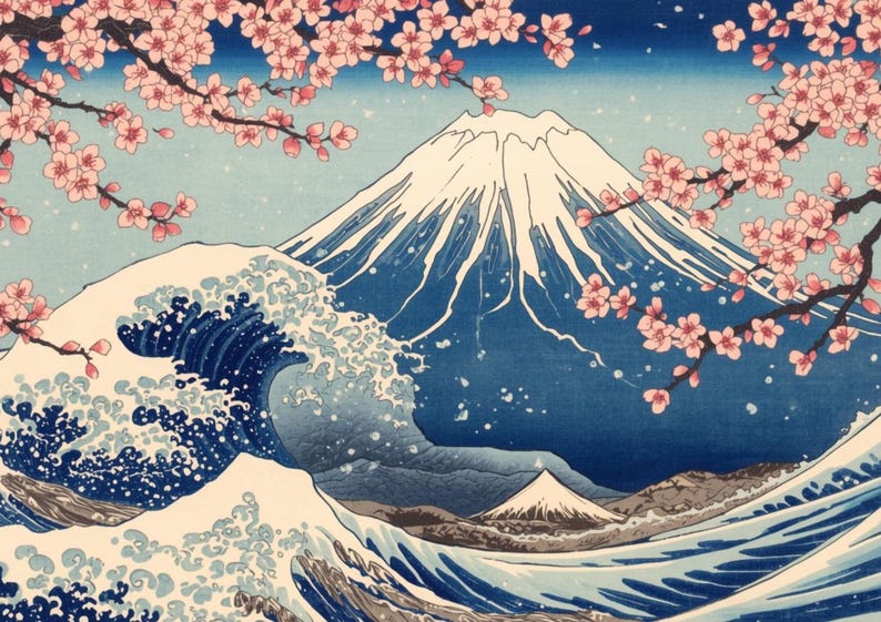 May include: A Japanese-style print featuring Mount Fuji with a snow-capped peak, a large ocean wave, and cherry blossoms. The artwork uses shades of blue, white, and pink to create a serene landscape scene.