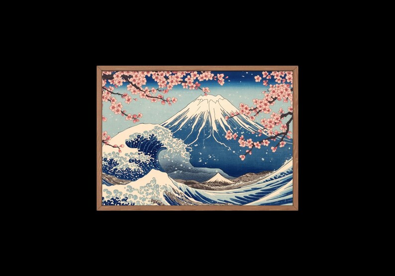 以下が含まれることがあります： 日本の古典的な木版画の額入りプリント。このアートワークは、雪をかぶった山、大きな波、桜を描いています。カラーパレットには、青、白、ピンクの色合いが含まれています。
