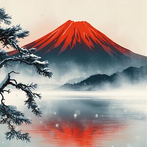 May include: A serene landscape painting featuring Mount Fuji with a vibrant red peak reflected in a misty lake. Snow-covered branches frame the scene, with Japanese characters in the upper right corner.