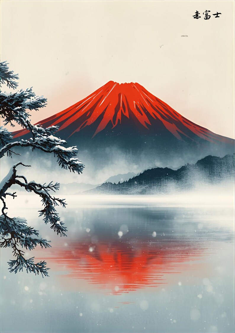 May include: A serene landscape painting featuring Mount Fuji with a vibrant red peak reflected in a misty lake. Snow-covered branches frame the scene, with Japanese characters in the upper right corner.