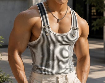 Men’s Striped Tank Top, Knitted Sleeveless Vest, Casual Streetwear Shirt, Patchwork Summer Fashion Top, Relaxed Athletic Style