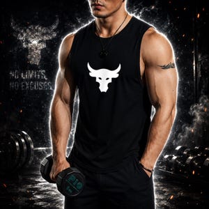 May include: Black sleeveless workout shirt with a white bull logo. The shirt is worn by a person holding a dumbbell. The background has the text "NO LIMITS, NO EXCUSES" and a bull logo.