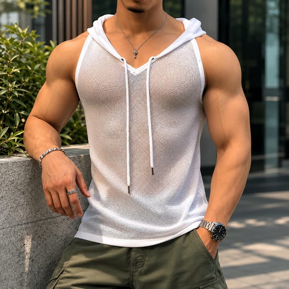 Men’s Hooded Tank Top, Sleeveless Fitness Vest, Drawstring Gym Shirt, Lightweight Summer Sportswear