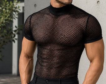 Men’s Mesh T Shirt, Oversized Hollow Streetwear Tee, Lightweight Summer Shirt, Breathable Short Sleeve Top, Casual Fashion Wear