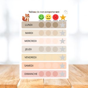 Peut inclure: Un tableau de comportement intitulé "Tableau de mon comportement" avec un écureuil de dessin animé. Il présente une mise en page hebdomadaire avec les jours de la semaine et des espaces pour suivre le comportement à l'aide d'émoticônes et d'étoiles.