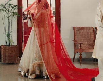 Custom Red Bridal Nikkah Dupatta, Kiran Lace - Pakistani Wedding Veil Trail
