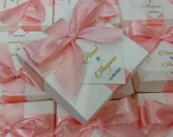 Custom Wedding Favor Boxes with Peach Ribbon | Elite Qubool Hai Nikkah Favor Box  | Wedding Favor Boxes best for Nikkah, Engagement party