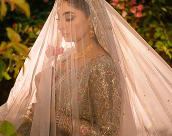 Champagne Gold Bridal Dupatta | Customize Golden Accent Nikkah Wedding Veil