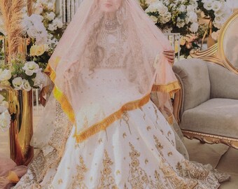 Peach Bridal Nikkah Dupatta: Gold Embellished Wedding Veil
