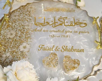 Gepersonaliseerd trouwblad met ringhouders | Nikkah-ringbakje | Verlovingsringblad | Set kunsthars | Islamitisch huwelijkscadeau