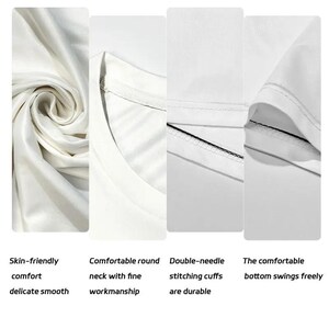 May include: Close-up of a white t-shirt showcasing details like skin-friendly comfort, a comfortable round neck, double-needle stitching cuffs, and a bottom that swings freely. The fabric appears delicate and smooth.