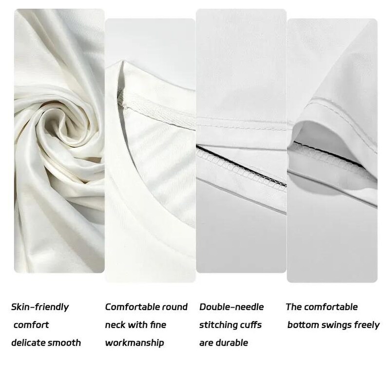 May include: Close-up of a white t-shirt showcasing details like skin-friendly comfort, a comfortable round neck, double-needle stitching cuffs, and a bottom that swings freely. The fabric appears delicate and smooth.