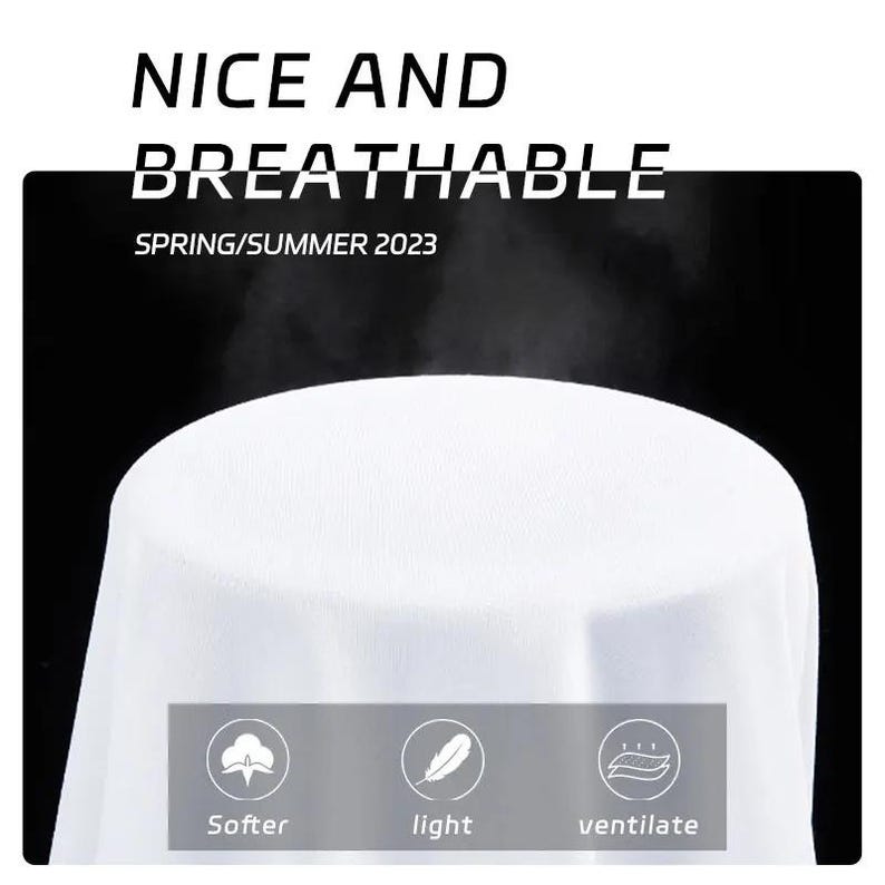May include: White fabric with the text "NICE AND BREATHABLE" and "SPRING/SUMMER 2023". The image also includes icons indicating the fabric is softer, light, and ventilates well.