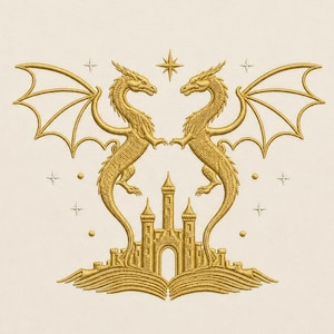 May include: Gold embroidered design featuring two dragons facing each other, with outstretched wings, above a castle. A star and small starbursts are also embroidered. The design is on a cream-colored background.