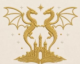 Golden Dragon Embroidery Design, Fantasy Castle Dragon Embroidery File, Medieval Mythical Machine Embroidery, Gothic Dragon Artwork