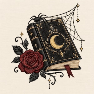 May include: An embroidery design featuring a black book with a gold crescent moon and star accents on the cover. A dark red rose with black leaves sits at the base, while a black spider and a spiderweb with hanging stars decorate the top corner.