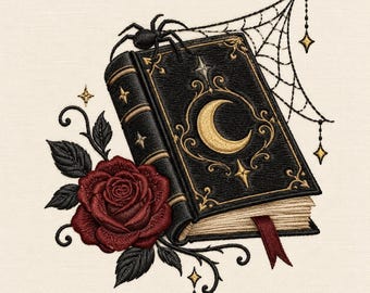 May include: An embroidery design featuring a black book with a gold crescent moon and star accents on the cover. A dark red rose with black leaves sits at the base, while a black spider and a spiderweb with hanging stars decorate the top corner.